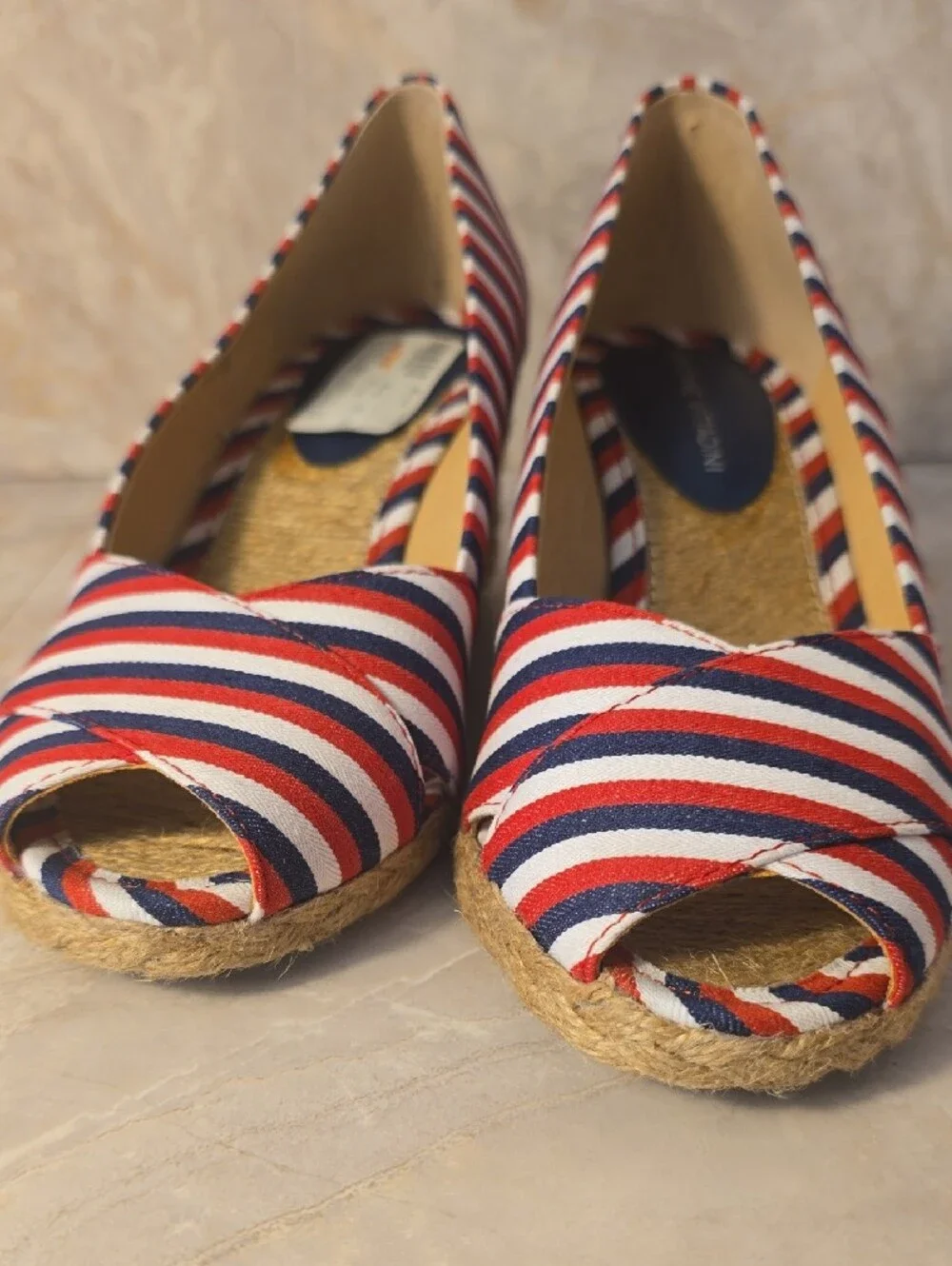 Adrienne Vittadini Red White Blue Striped Espadrille Wedge Sz 7